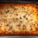 Photo of cooked lasagna casserole.