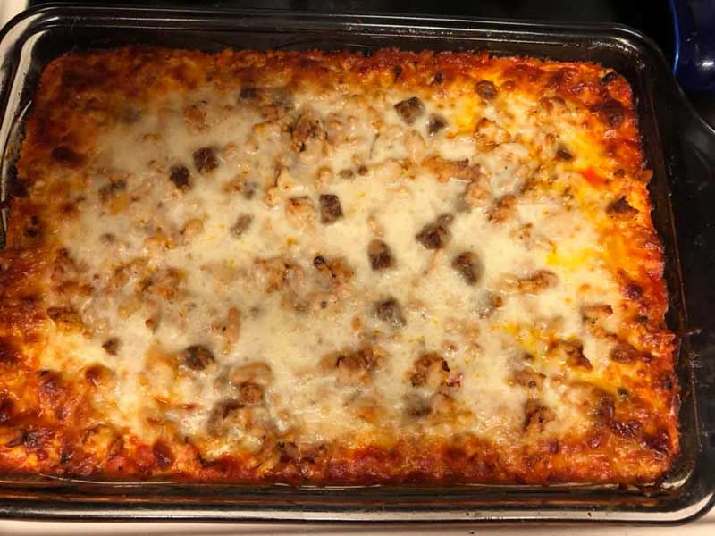 Photo of cooked lasagna casserole.